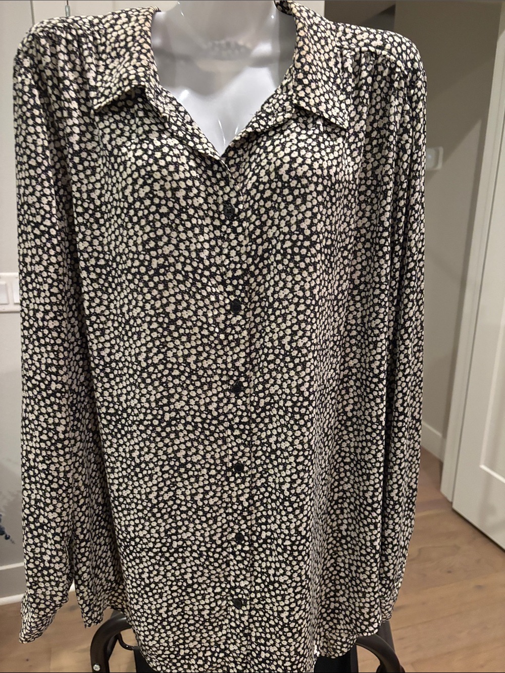 H&M Black and Cream Ditsy-Print Button Front Blouse